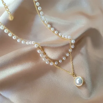 2 Layer Choker Necklace With Pearl Pendant